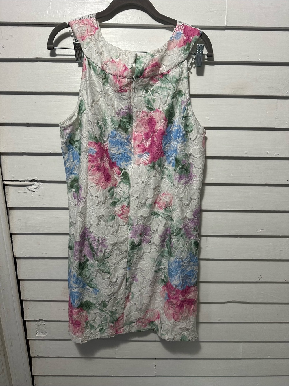 Floral Lace Midi Dress in White with Pink & Blue Blooms